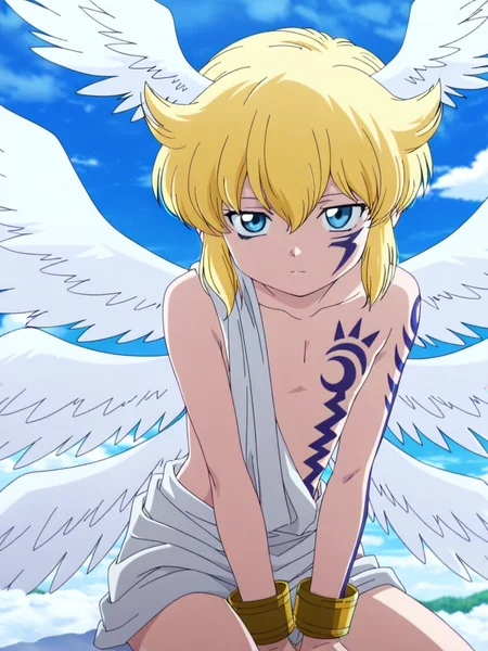 Lucemon,wings,blonde hair,solo,1boy,multiple wings,angel wings,head wings,tattoo,angel,<lora:Lucemon:0.8>,cowboy_shot,looking_at_viewer,<lora:anime_screencap-IL v-pred:1>,anime screencap,anime coloring,blue sky,clouds,the sky,sitting on a cloud,, masterpiece,best quality,amazing quality,