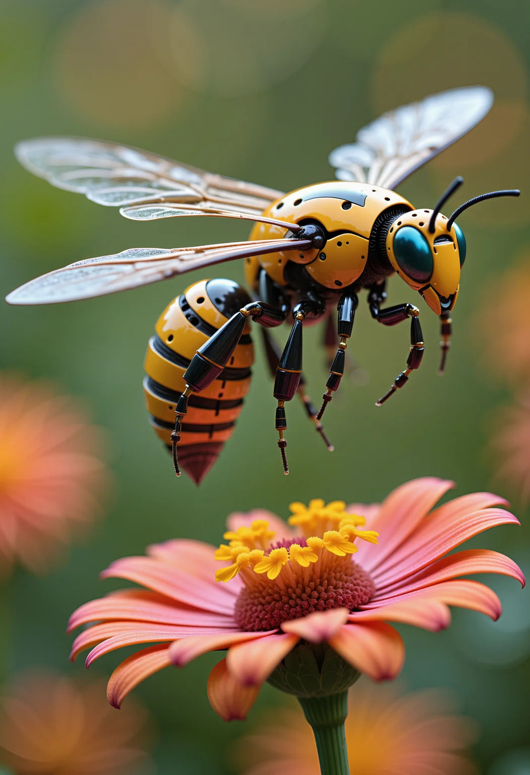 cybotix style, a close-up of a robotic bee hovering in the air above a flower