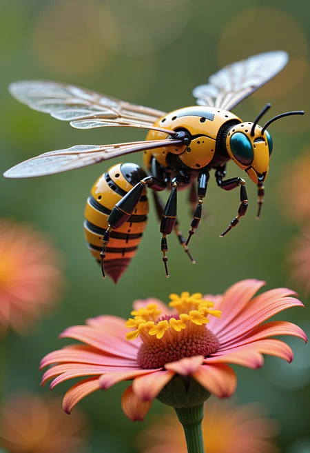 cybotix style, a close-up of a robotic bee hovering in the air above a flower