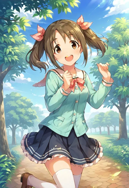 score_9, score_8_up, score_7_up, source_anime,imai kana, twintails, brown hair, brown eyes, 1girl, thighhighs, solo, skirt, open mouth, smile, tree, hair ribbon, outdoors, looking at viewer