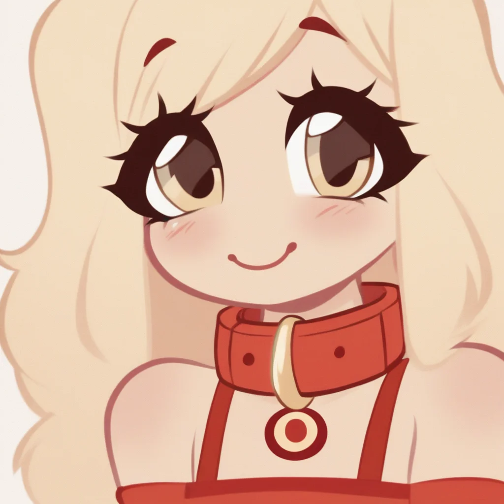 spot in a red dress with her red collar posing cute for the viewer