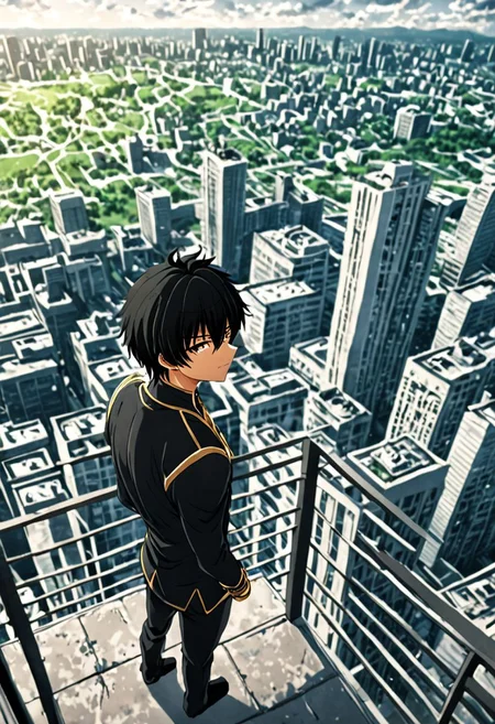 high resolution, solo, best quality, 1Boy, Seiya Kanie, black hair, short hair, thin, high-rise, top of building, landscape, shallow depth of field, OverallDetail