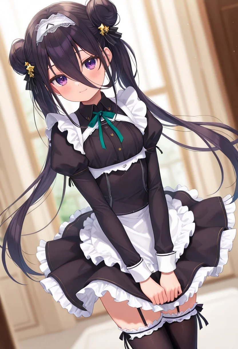 masterpiece, best quality, amazing quality, very aesthetic, high resolution, ultra-detailed, absurdres, newest, scenery,(depth of field:1.5),
(super fine illustration,professional quality,ultra high res), beautiful detailed eyes,
(high brightness),
break
shichiseiken_m_tkhk,
black hair, long hair, hair between eyes,  long bangs,
twintails, double bun,
star hair ornament,
unconventional maid, enmaided, wing collar, puffy long sleeves,
lace-trimmed hairband, frilled apron, ribbon,
frilled skirt, mini skirt, layered skirt,
black thighhighs, frilled thighhighs,
strappy heels,
small breasts,
1girl, 
blush, light smile,
(dutch angle:1.2), (cowboy shot:1.2),