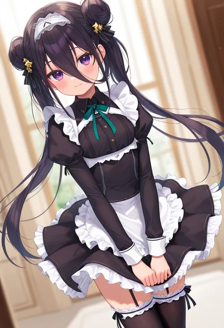 masterpiece, best quality, amazing quality, very aesthetic, high resolution, ultra-detailed, absurdres, newest, scenery,(depth of field:1.5),
(super fine illustration,professional quality,ultra high res), beautiful detailed eyes,
(high brightness),
break
shichiseiken_m_tkhk,
black hair, long hair, hair between eyes, long bangs,
twintails, double bun,
star hair ornament,
unconventional maid, enmaided, wing collar, puffy long sleeves,
lace-trimmed hairband, frilled apron, ribbon,
frilled skirt, mini skirt, layered skirt,
black thighhighs, frilled thighhighs,
strappy heels,
small breasts,
1girl,
blush, light smile,
(dutch angle:1.2), (cowboy shot:1.2),