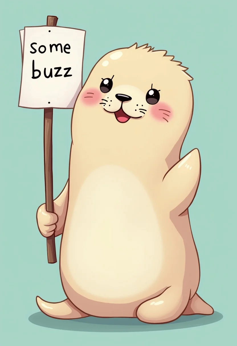 very cute seal holding a sign " some buzz ", anime style