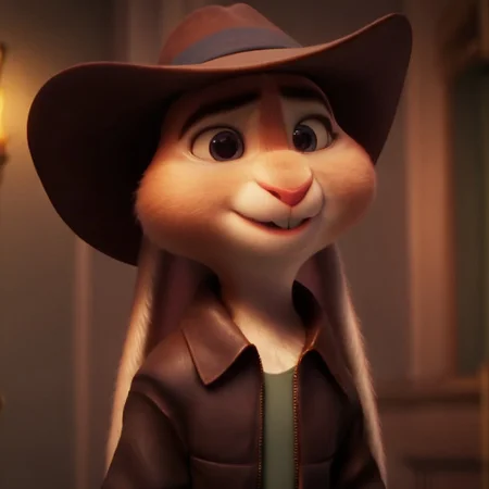 score_9, score_8_up, score_7_up, score_6_up, score_5_up, score_4_up, chickenhare, rabbit, bunny nose, 1boy, solo, bunny ears, fur, furry male, male, black eyebrows, detailed eyes, 3D, cgi, blue ears,, leather jacket, cowboy hat, green shirt, brown pants, standing, looking at viewer, smile, detailed fur, 4K, absurd res, best quality, perfect, masterpiece, high quality, Expressiveh, EyesHD,