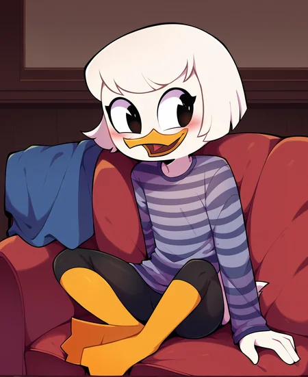 score_9, score_8_up, score_7_up, score_6_up, best quality, highres, source_furry BREAK drocll BREAK
1girl, solo, inside, living room, couch, sitting, duck, beak, webby vanderquack, young, white skin, white hair, short hair, happy, looking away, black eyes, open smile, blush, sleeves past wrists, grey striped shirt, long sleeves, black clothing, bike shorts <lora:Webby_Vanderquack:1>