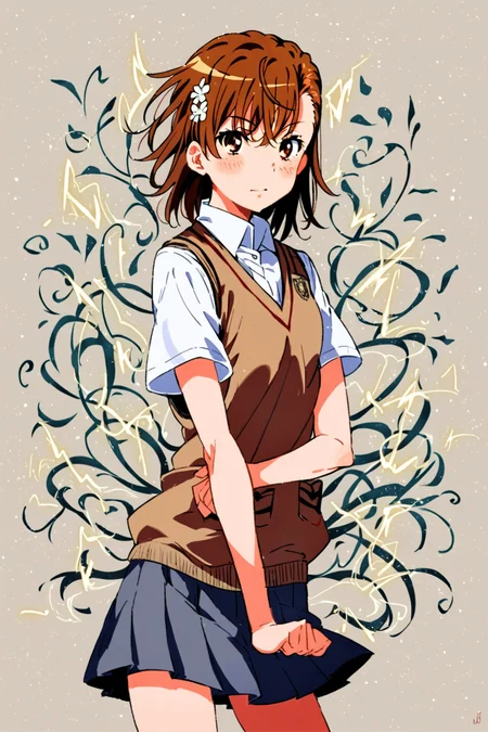 score_9, score_8_up, score_7_up, rating_safe, toaru majutsu no index, toaru kagaku no railgun, misaka mikoto, brown eyes, brown hair, brown sweater vest, electricity, emblem, flower, grey skirt, hair flower, hair ornament, medium hair, pleated skirt, railgun \(misaka mikoto\), school emblem, school uniform, shorts, shorts under skirt, skirt, summer uniform, sweater vest, tokiwadai school uniform, solo, solo focus, night,dark,wide shot,high contrast, detailed background, Standing with arms outstretched, embracing the sky., <lora:dappermouth:1.3>âââ