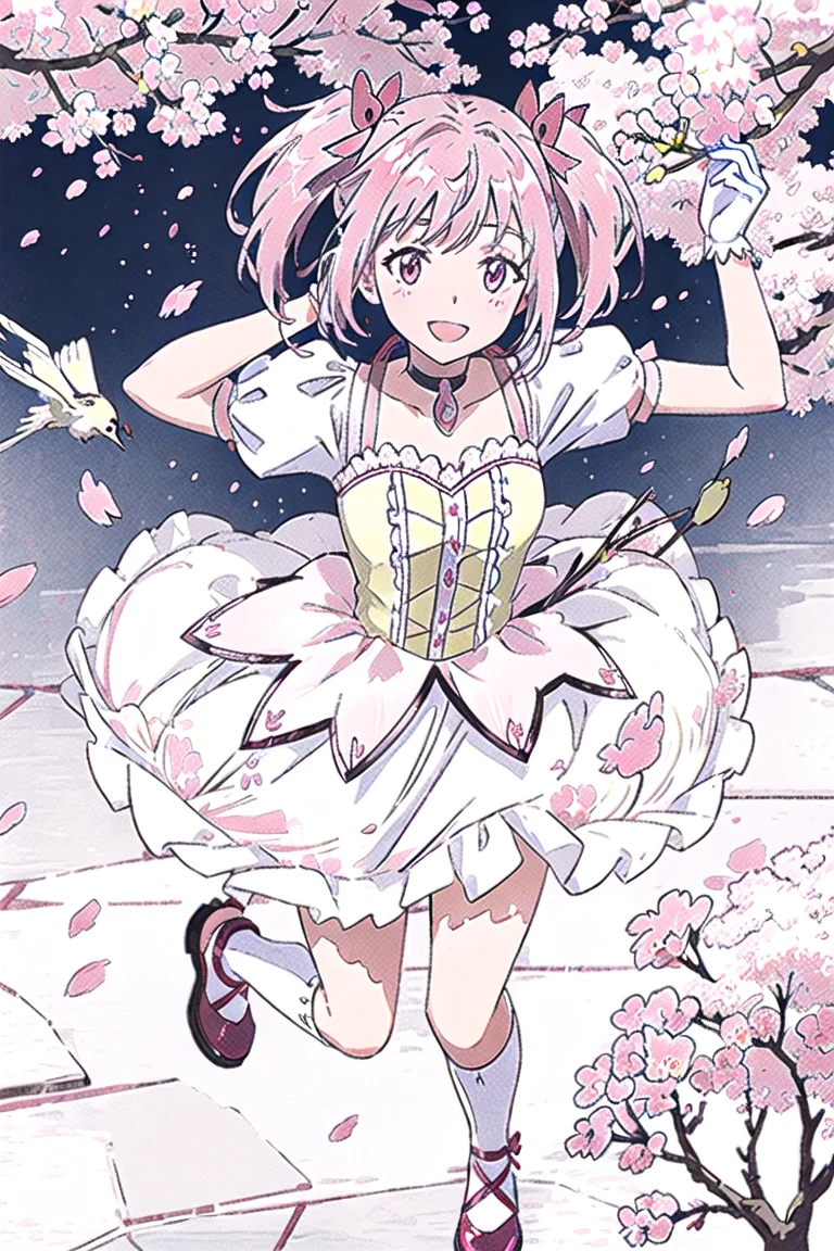 sunshine, windy, cherry blossoms, cherry blossom garden, aesthetic, intricate, sharp focus, best quality, extremely detailed,1girl, solo, from above, BREAK Madoka Kaname, (detailed shiny_anime_style_eyes), flat chest, extremely detailed textures, laughing, (running in a cherry blossom garden), casual pose, posing <lora:MadokaKaname:1>