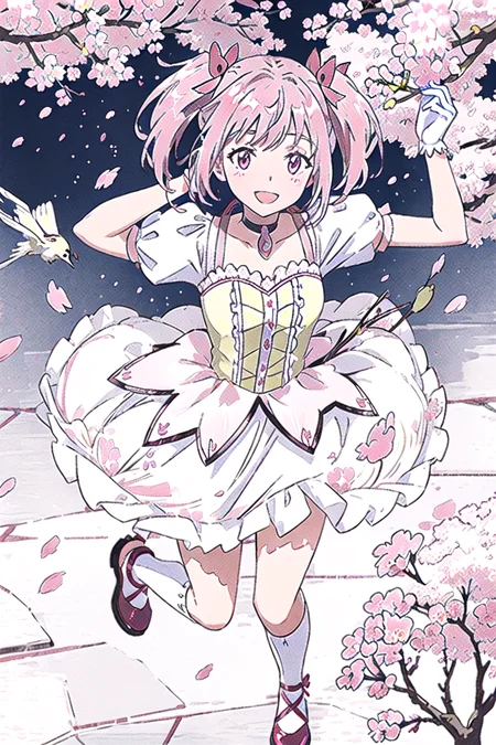 sunshine, windy, cherry blossoms, cherry blossom garden, aesthetic, intricate, sharp focus, best quality, extremely detailed,1girl, solo, from above, BREAK Madoka Kaname, (detailed shiny_anime_style_eyes), flat chest, extremely detailed textures, laughing, (running in a cherry blossom garden), casual pose, posing <lora:MadokaKaname:1>
