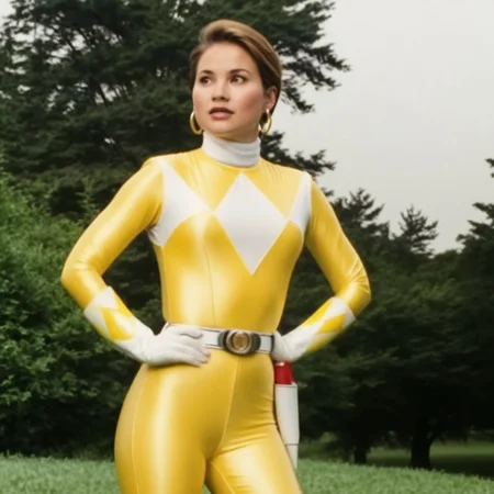female yellow power ranger Ellie, 1girl, alone, 18-year-old caucasian woman, side-parting loose updo haircut, fair-skinned, brown with highlights hair, hazel eyes, helmetless, wearing yellow power ranger costume, yellow spandex catsuit, white collar, white gloves, large chunky steel hoop earrings, talking, concerned facial expression, standing square-on, both arms down by sides, torso photo, in action in grassy meadow, hyperdetailed photography