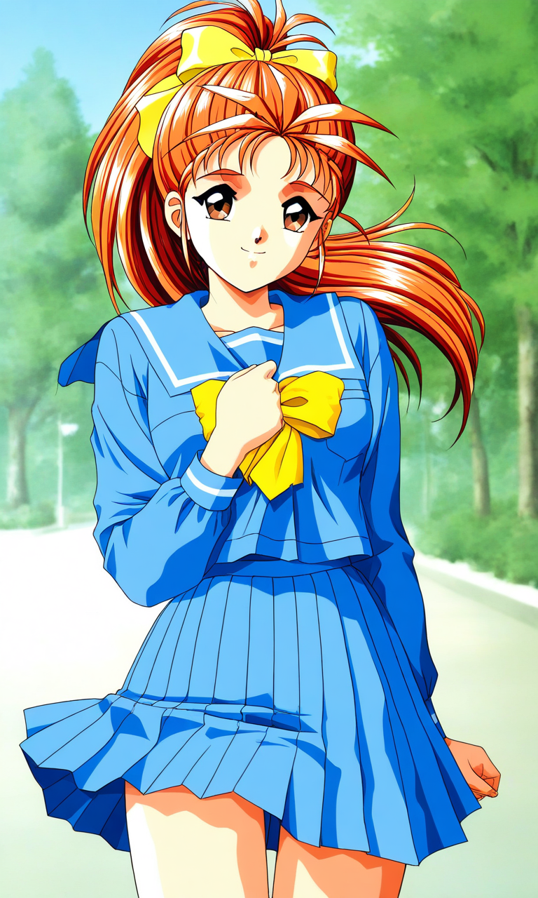 general,highres, ultra-detailed,very aesthetic,best quality ,best hands, BREAK <lora:Saotome_Yumi_Tokimeki_Memorial_IS:1>
Saotome_Yumi(Tokimeki_Memorial), 1girl, solo, brown eyes, orange hair, hair bow, high ponytail,  long hair, small breasts,
school uniform, blue serafuku, blue skirt, Yellow bow, hand on own chest, sailor collar, blue sailor collar, smile, long sleeves, pleated skirt, outdoor, tree, sky,