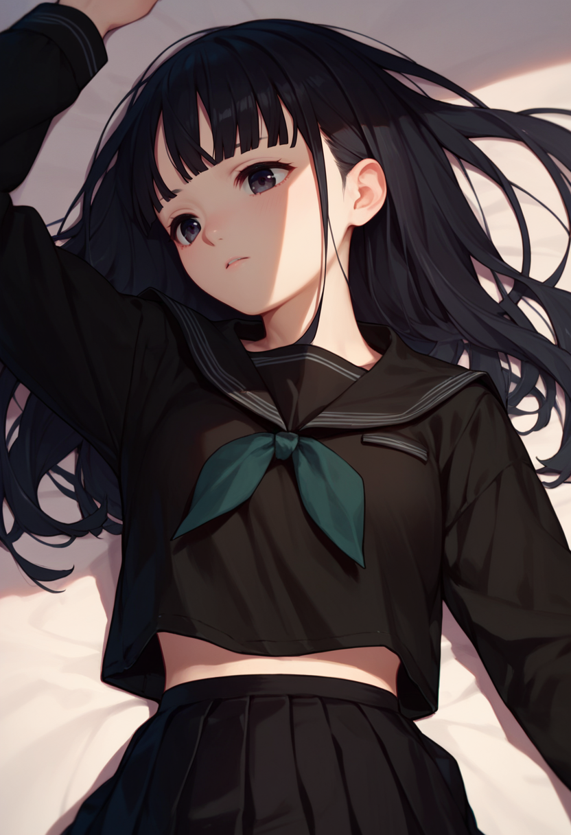 score_9, score_8_up, score_7_up, 1girl, Rinne, long hair, black hair, black eyes,  necktie, black serafuku, black skirt, white stripes, bed, on back, upper body,       <lora:Rinne DoRA5-000006:1>