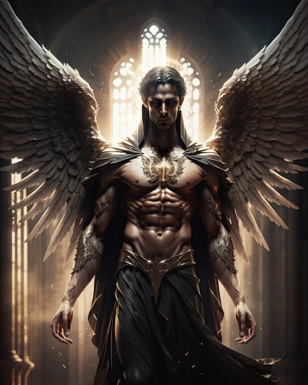 closeup portrait of a male angel, AngelicStyle #cinematic <lora:SDXLAngelic:0.8> spread arms, cloak, hood, bright Christian cathedral, powerful, angelic