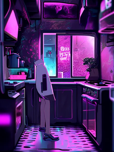 from side,full body,1girl,standing,one step,side perspective,futuristic kitchen,alley through window,neon signs,blurry background,<lora:sliced body-t4-000007:1.5>