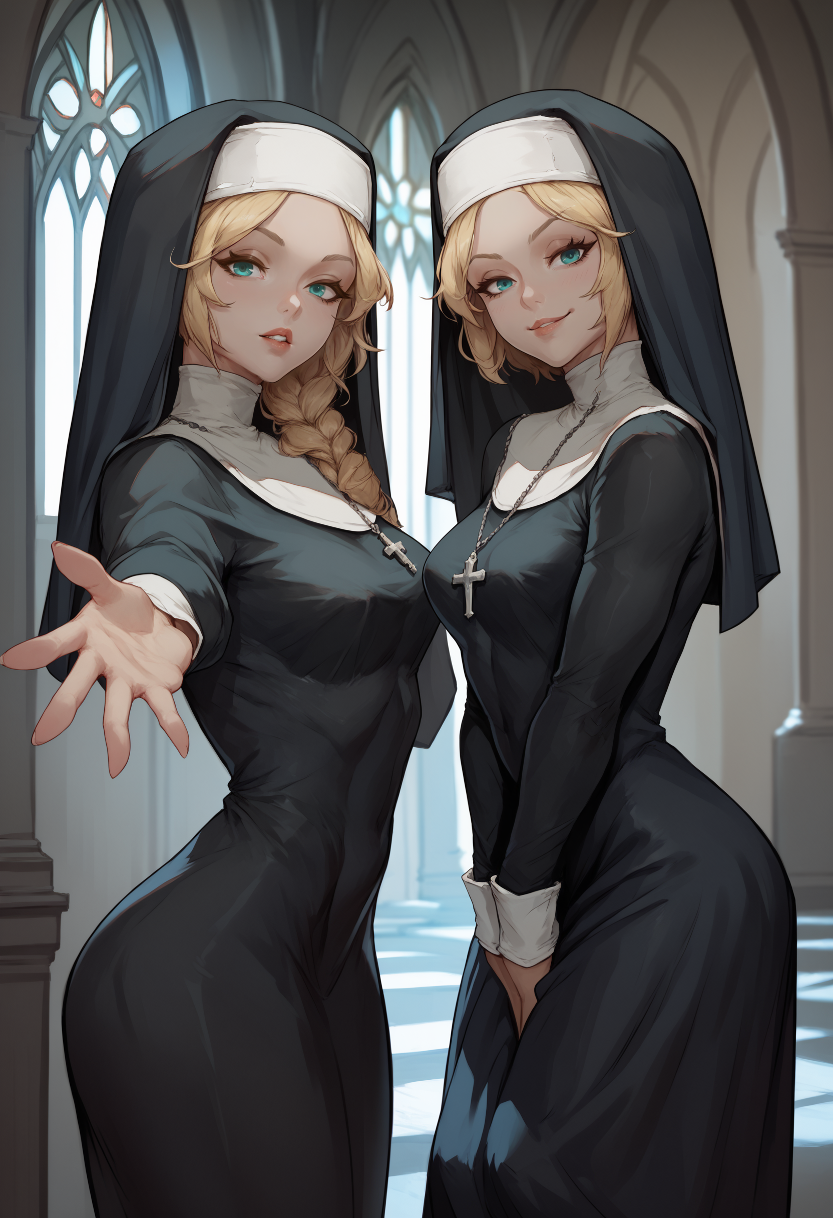 score_9,score_8_up,score_7_up, score_6_up, female, nun, dress, cowboy shot, standing, 2girls,from side, looking at viewer, twins,indoors, church, side-by-side, blurred background, black dress, 
BREAK 1girl, nun, habit, dress, medium breasts, single braid, hair over shoulder, blonde hair, parted lips, teeth, reaching towards viewer, reaching out,
BREAK ,
BREAK 1girl, nun, habit, dress, medium breasts, single braid, blonde hair, smirk, light smile, hand between legs, own hands together, v arms, overskirt,