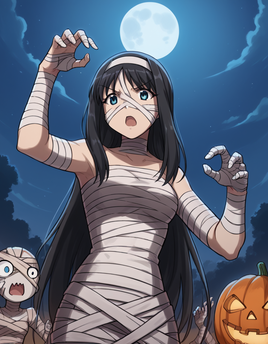 score_9, score_8_up, score_7_up, source_anime, <lora:carnivalphantasm-akiha-toono-ova-ponyxl-lora-nochekaiser:1>, akiha toono, tohno akiha, long hair, blue eyes, black hair, hairband, white hairband, medium breasts,, <lora:mummy-costume-ponyxl-lora-nochekaiser:1>, mummy costume, bandages, halloween costume, bandaged arm, zombie pose, bandage on face,, desert, moon, night, open mouth, , dutch angle, cowboy shot