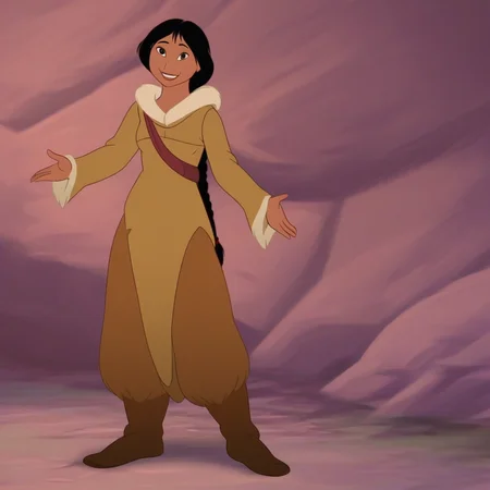 Nita (Human), long braid, black hair, parka, standing, smiling, looking at viewer, full body, full shot