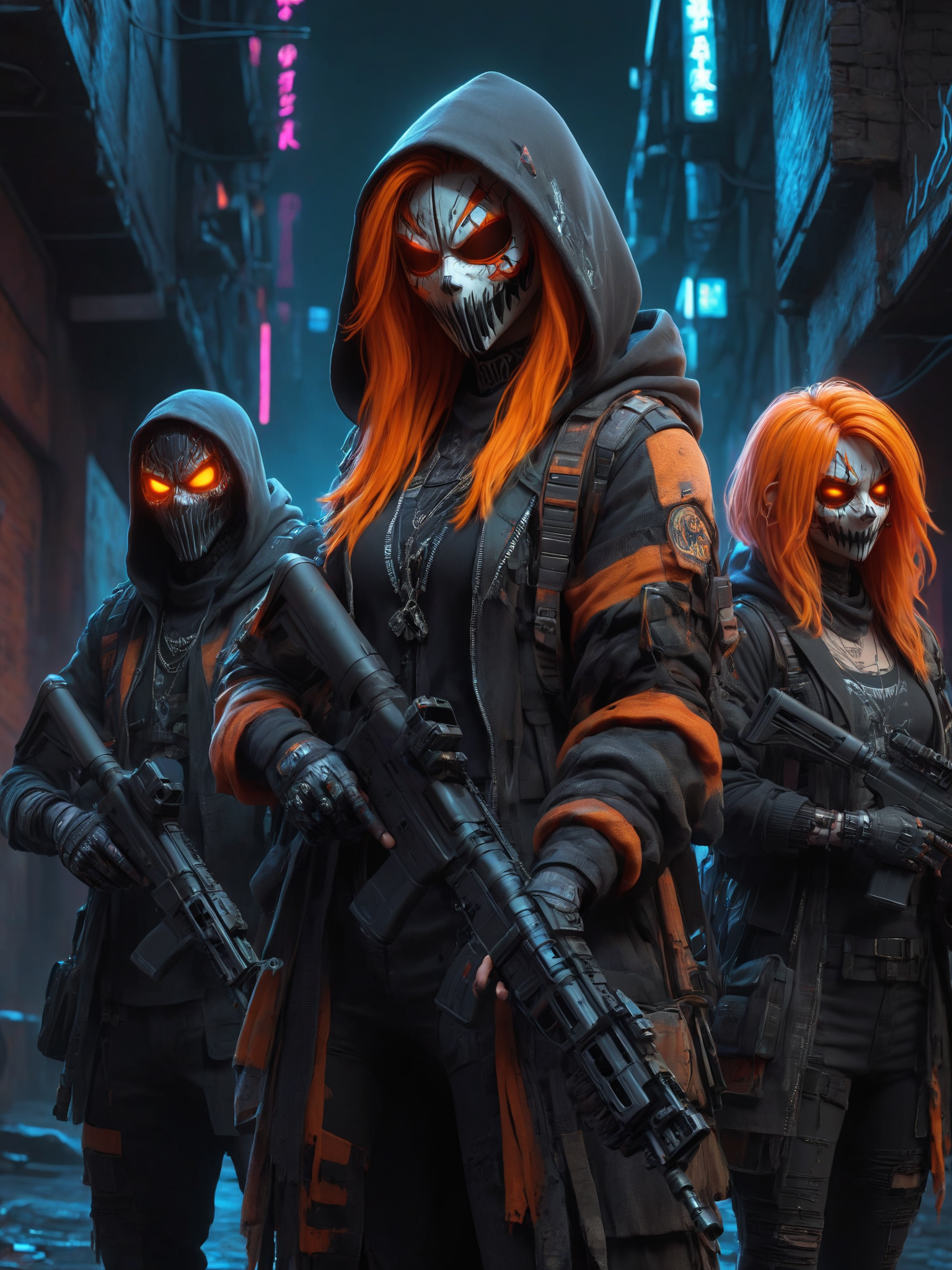 cinematic shot, dramatic lighting, 2men and 2women, mad-hllwnrs, scary mask, hoodie, hood-up, orange hair, dynamic pose, (holding rifle:1.3), dimly lit, futuristic urban alleyway, garbage, filith, neon lights, graffiti-covered walls <lora:Neon_Cyberpunk_SDXL_Halloweener:0.8>, (masterpiece:1.2), best quality, (hyperdetailed, highest detailed:1.2), high resolution textures