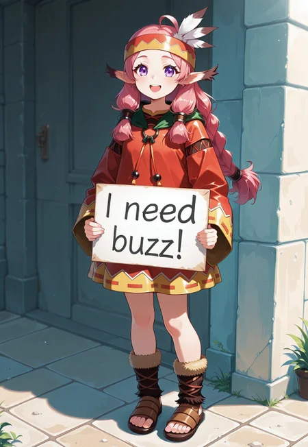 <lora:Pchiko_SDXL_Illustrious01_fp16_ver01:1>,Pchiko, 1girl,solo,animal ears, pink hair,purple eyes, headband,dress,long sleeves, sandals,feather hair ornament, smile, open mouth, need_buzz, holding sign, masterpiece, best quality, very aesthetic, absurdres,<lora:detailed_hands:1>,hand