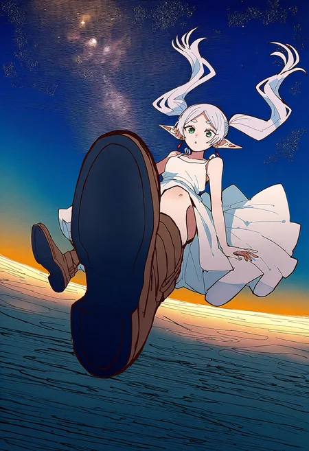 (aged up:1.2), focus footwear, shoe soles, boots, close-up, 1 frieren, white hair, twintails, green eyes, levitation, perspective,
scenery, cosmos, planets, stars, night, sundress,
linear hatching, beautiful, intricate,
amazing quality, very aesthetic, absurdres, masterpiece,
(by imigimuru:1.2), by itomugi-kun, by tsvbvra,