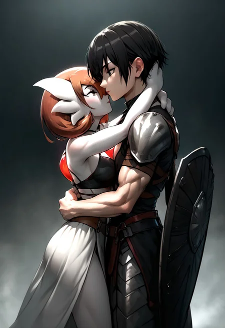 score_9, score_8_up, score_7_up, source_anime, embedding:zPDXL, 1girl, (((gardevoir))), female, anthro, pale white skin, 1boy, male , wearing heavy armor, stoic, muscular, slender, long bangs, black hair, black eyes, standing firm, guarding a gate, shield strapped to forearm, gripping a sword by the grip, fire behind,1boy 1female, hug, lovely kiss, hetero, light brown guy, red hair girl, big boobs