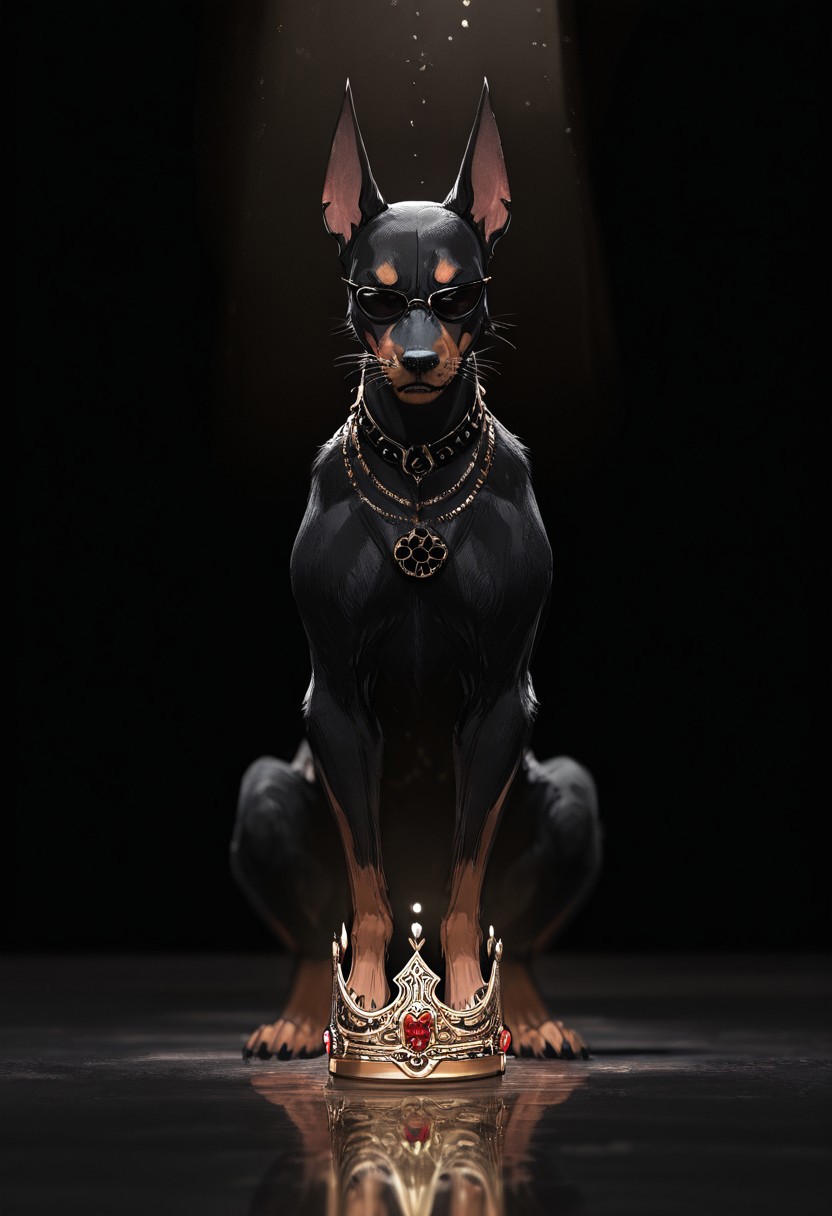 (best quality, 8K, high resolution, masterpiece), BREAK
ultra detailed, (3D CGI), hyper-realistic, cinematic lighting, dramatic shadows, finely textured fur, regal and expressive, small mouse, majestic golden crown, intricate engravings, tiny embedded gemstones, delicate whiskers catching the light, confident posture, black sunglasses, reflecting ambient light, trendy and fashionable aesthetic, BREAK
sleek silver and black stylized angry muscle Doberman, imposing stance, sharp angular features, intense gaze, deep black background, high contrast, countryside advertising aesthetic, subtle depth of field, BREAK
moody and professional studio lighting, award-winning composition, perfectly framed, sharp focus on textures and reflections, high dynamic range, luxury-themed concept, photorealistic fur, metallic details, artistic and modern presentation. gbf_style, ma1ma1helmes_b_illu,sketch