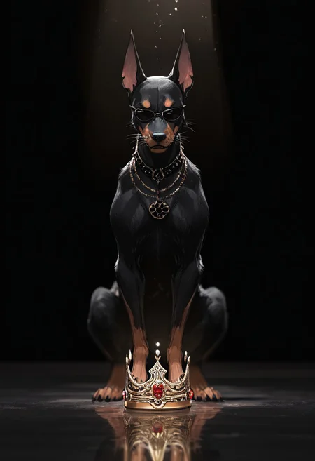 (best quality, 8K, high resolution, masterpiece), BREAK
ultra detailed, (3D CGI), hyper-realistic, cinematic lighting, dramatic shadows, finely textured fur, regal and expressive, small mouse, majestic golden crown, intricate engravings, tiny embedded gemstones, delicate whiskers catching the light, confident posture, black sunglasses, reflecting ambient light, trendy and fashionable aesthetic, BREAK
sleek silver and black stylized angry muscle Doberman, imposing stance, sharp angular features, intense gaze, deep black background, high contrast, countryside advertising aesthetic, subtle depth of field, BREAK
moody and professional studio lighting, award-winning composition, perfectly framed, sharp focus on textures and reflections, high dynamic range, luxury-themed concept, photorealistic fur, metallic details, artistic and modern presentation. gbf_style, ma1ma1helmes_b_illu,sketch