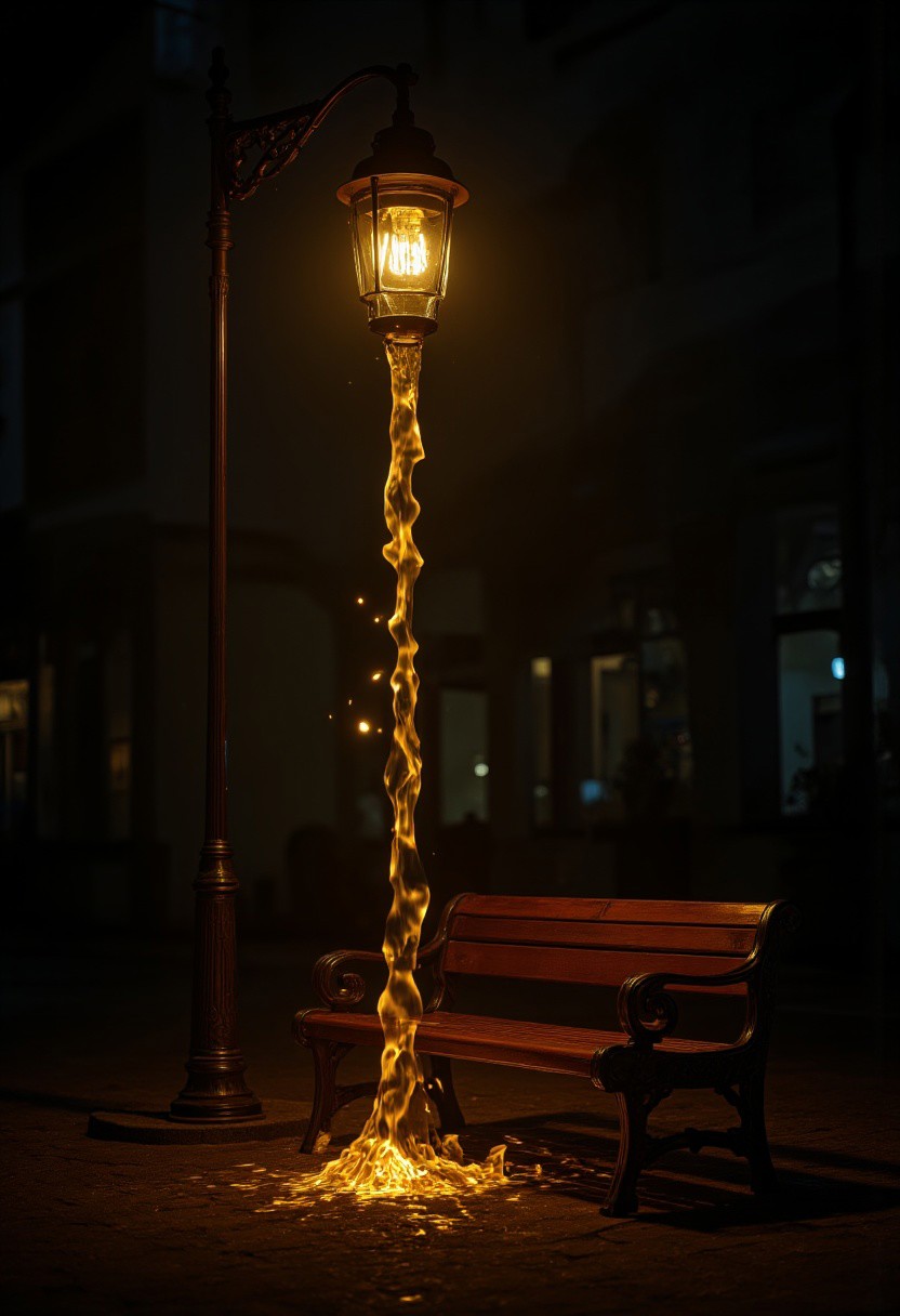 R3alism,A vintage street lamp stands tall above a wooden park bench, with molten, glowing liquid light flowing in a perfect cylindrical stream from the lamp's glass housing. The luminescent golden liquid maintains a smooth, unbroken column as it descends in precise laminar flow, creating a solid tube of light that flows directly downward past the empty wooden bench. The flowing liquid light maintains its cylindrical shape without turbulence or splashing, emitting a warm amber glow that illuminates the surrounding pavement. The metal street lamp post remains solid while the magical liquid light continues in its perfect laminar stream. Dramatic nighttime lighting with deep shadows and warm golden highlights.