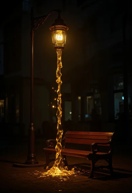 R3alism,A vintage street lamp stands tall above a wooden park bench, with molten, glowing liquid light flowing in a perfect cylindrical stream from the lamp's glass housing. The luminescent golden liquid maintains a smooth, unbroken column as it descends in precise laminar flow, creating a solid tube of light that flows directly downward past the empty wooden bench. The flowing liquid light maintains its cylindrical shape without turbulence or splashing, emitting a warm amber glow that illuminates the surrounding pavement. The metal street lamp post remains solid while the magical liquid light continues in its perfect laminar stream. Dramatic nighttime lighting with deep shadows and warm golden highlights.