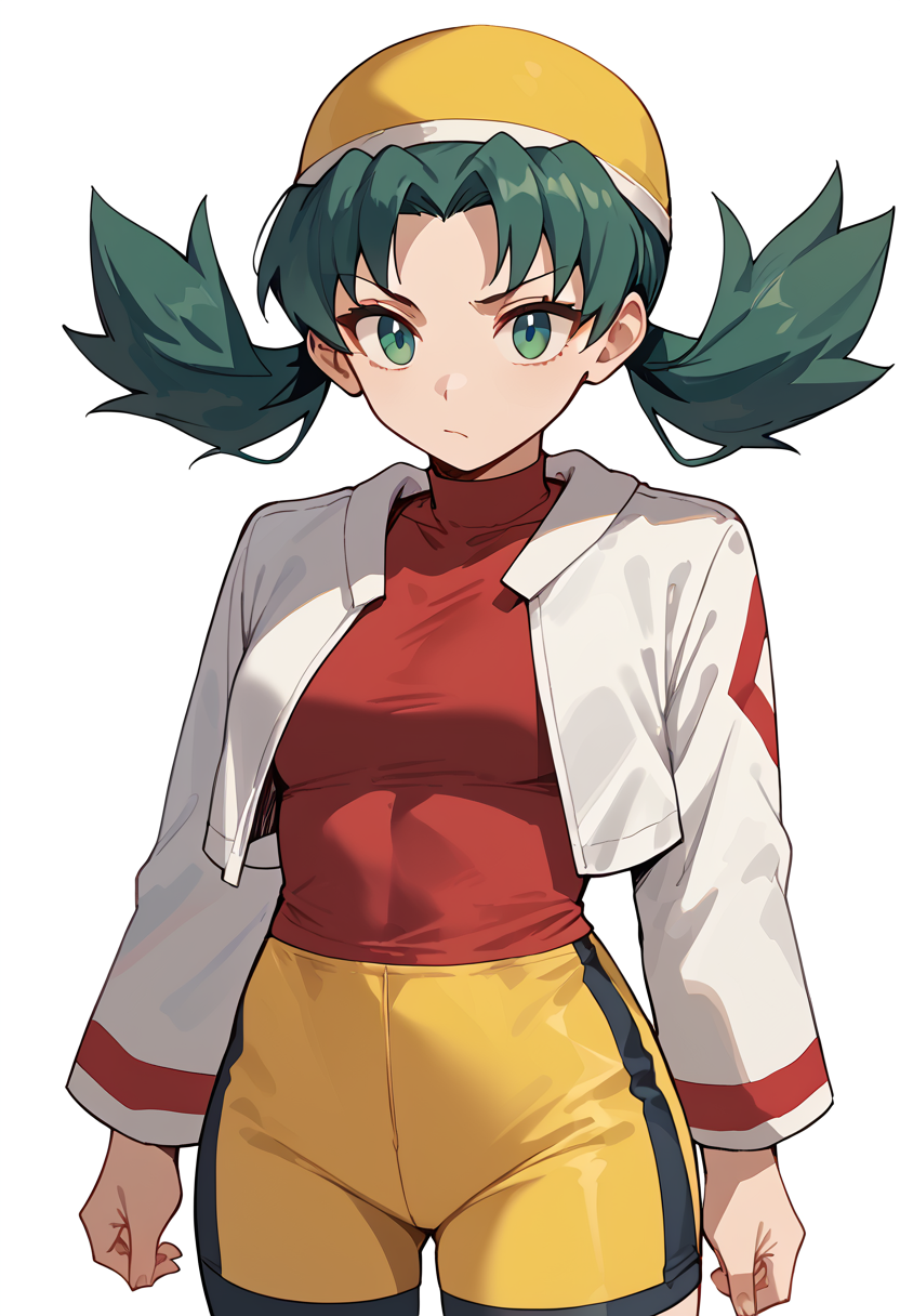 Leaning back, arms folded,  <lora:KrisPony-10:1>Kris_Gen2, long hair, green hair, twintails, green eyes, hat, yellow headwear, shirt, red shirt, jacket, white jacket, cropped jacket, long sleeves, shorts, bike shorts, yellow shorts,, score_9, score_8_up, score_7_up, score_6_up, score_5_up, score_4_up,