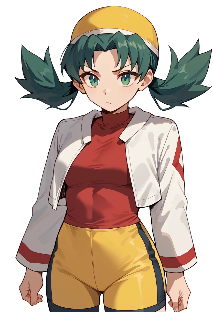Leaning back, arms folded, <lora:KrisPony-10:1>Kris_Gen2, long hair, green hair, twintails, green eyes, hat, yellow headwear, shirt, red shirt, jacket, white jacket, cropped jacket, long sleeves, shorts, bike shorts, yellow shorts,, score_9, score_8_up, score_7_up, score_6_up, score_5_up, score_4_up,