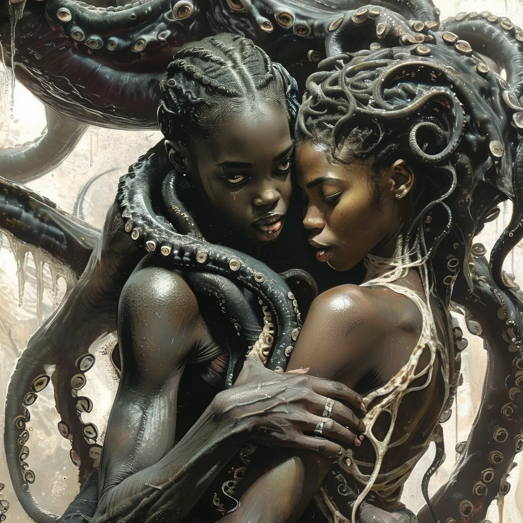 elysexa a black girl being embraced by a creature with tentacles, very detailed<lora:elysexa:1>