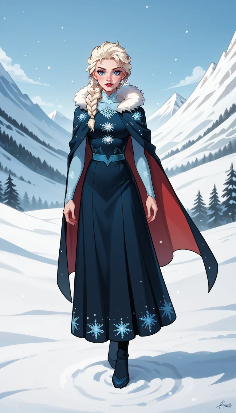 score_9, score_8_up, score_7_up, (Western Comics), (Elsa of Arendelle), cute, seductive, innocent, dark cape, dark dress, fur trim, single braid, snowflake pattern, (light smile:0.3), (snowy mountain background), (Full body photo), (depth of field), (dynamic angle), (ultra detailed, high quality texture), (sharp), (artistic image)