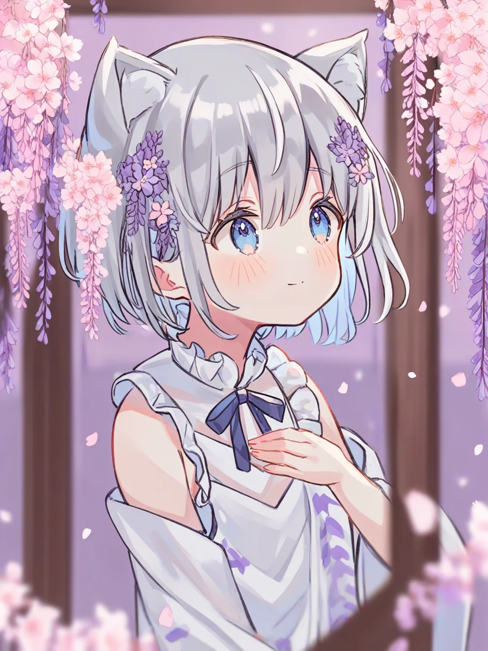 1girl,cherry blossoms,hair flower,pink flower,hair ribbon,cat ears,animal ear fluff,blue eyes,grey hair,short hair,bangs,hair between eyes,eyebrows visible through hair,blush,closed mouth,light smile,neck ribbon,white dress,crease,frilled_collar,detached_sleeves,flat chest,
flower,wisteria,purple flower,depth of field,upper body,petals,blurry foreground,hakama,from side,yagasuri,looking up,hand on own chest,
<lora:fruitsrabbit_1-000030:1>,