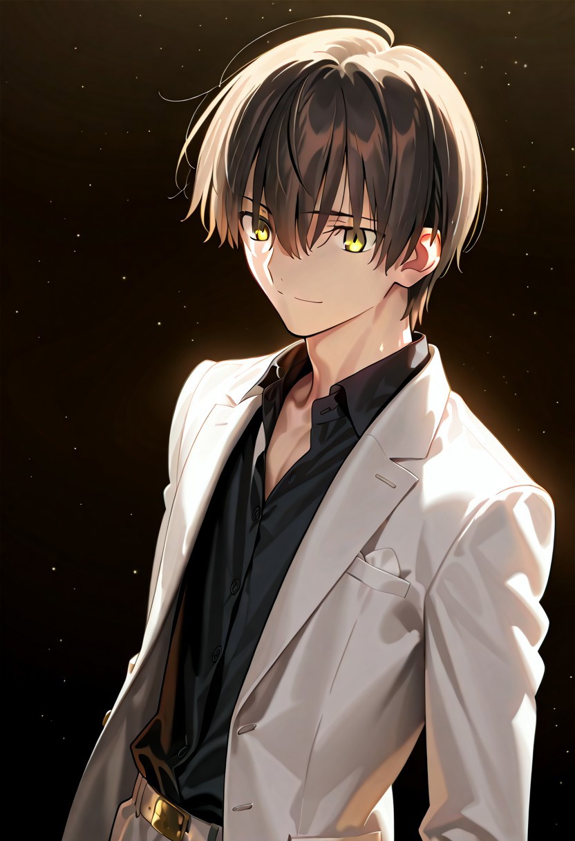 ((masterpiece, best quality, amazing quality, very aesthetic, absurdres)), 
Takeuchi takashi, ((solo)), calm, smile, closed mouth, 1boy, solo, peaceful, closed mouth, slim_build (((yagami_light face))), (((black hair, yellow eyes))), ((short hair, hair between eyes)), (((white suit, open suit, black shirt, collared shirt, black slacks))), no background, dark background, sideshot, cowboy shot, dark background, portrait,