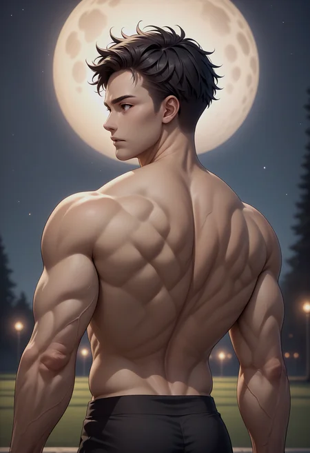 score_9, score_8_up, score_7_up, source_anime, 1boy, solo, muscular, from behind, upper body, muscular back, black hair, short hair, looking to the side, night, dark enviroment, cinematic,