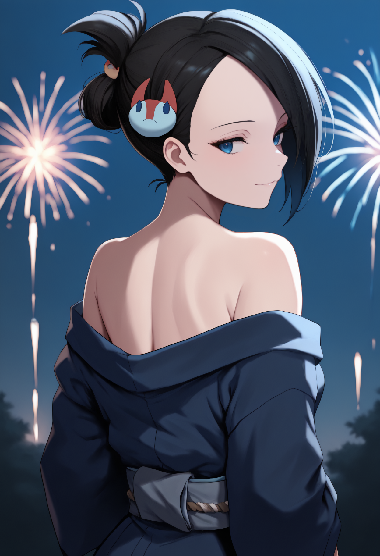 anime, masterpiece, best quality, newest, from behind, solo, 1girl, m4i, slight smile, looking back, short hair, black hair, hair ornament, blue eyes, eyelashes, japanese clothes, blue kimono, off shoulder, grey sash, bare shoulders, outdoors, night, fireworks
<segment:yolo-Anzhc Face seg 640 v2 y8n.pt,0.4,0.5//cid=1>