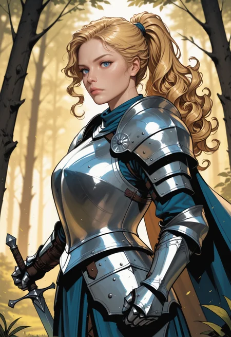 1girl, weapon, sword, armor, solo, holding, holding weapon, holding sword, cape, realistic, long hair, looking at viewer, ponytail, blurry background, blurry, breastplate, blonde hair, lips, shoulder armor, nose, from side, pauldrons, closed mouth, outdoors, wavy hair, curly hair, forest, plate armor, nature, standing, gauntlets, vambraces, blue eyes
<lora:commixmixL:1>, masterpiece, best quality, dynamic lighting , dynamic pose,, dynamic angle, (), detailed>, depth of field, dynamic lighting, blurry, aged up, (), adult,
, lips,