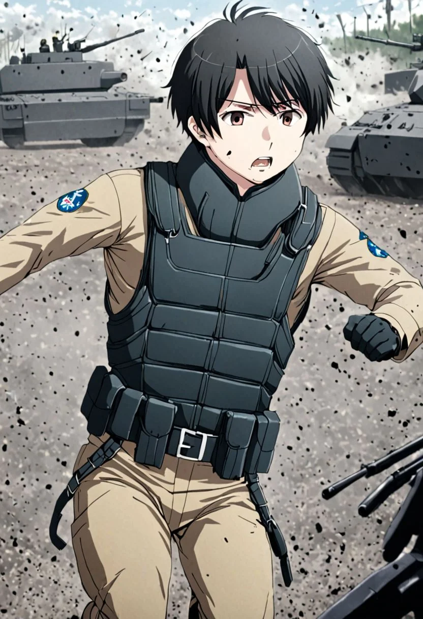 high resolution, solo, best quality, 1Boy, Inaho Kaizuka, Black Hair, military, action, OverallDetail
