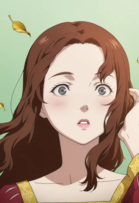 anime screencap, anime coloring,  <lora:DX888Charlotte:1> charlotte, grey eyes, brown hair, lips,,hair down, long hair,  BREAK simple background, green  background, BREAK  1girl, blush, falling leaves, hand in own hair, leaf, parted lips, solo, upper body, wide-eyed, wind, floating hair,