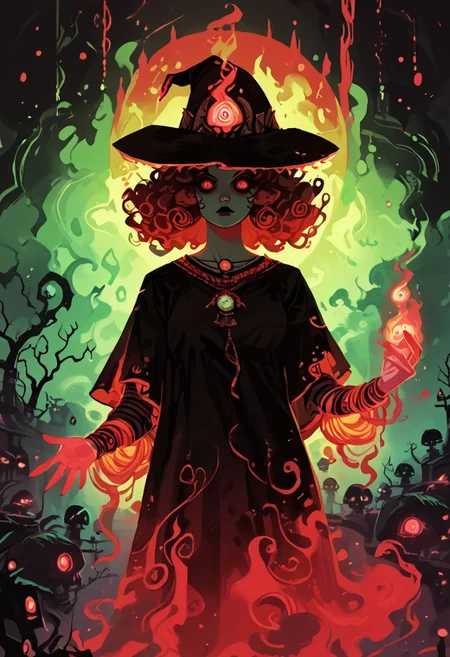 score_9, score_8_up, score_7_up, score_6_up,  fl4ttr1p,
1girl, solo, witch, red curly hair, skulls, magic, neon, fog, mist, spirits, glow,