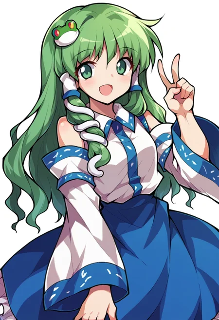 score_9, score_8_up, score_7_up, source_anime, BREAK, 1girl, solo, <lora:Alphes_Style:1> Alphes_Style, <lora:sanaeXL_LoRA-C3Lier_AdamW_Dim8_Alpha8_UN-3e-4_TE-1.5e-4_10batch_ponyDiffusionV6XL_v6StartWithThisOne:0.7> kochiya sanae, green hair, long hair, green eyes, frog hair ornament, hair tubes, snake hair ornament, collared shirt, white shirt, detached sleeves, wide sleeves, blue skirt, frilled skirt, looking at viewer, smiling, open mouth, peace sign, simple background, white background