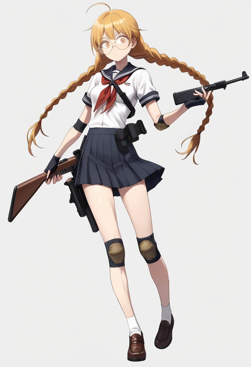 solo, 1girl, skinny, androgynous, looking at viewer, round eyewear, blond hair, long twintail braids, white school uniform, skirt, knee and elbow pads, fingerless gloves, holding flip phone, holstered rifle to the side, medium breast, mid movement, dynamic pose, smewed.