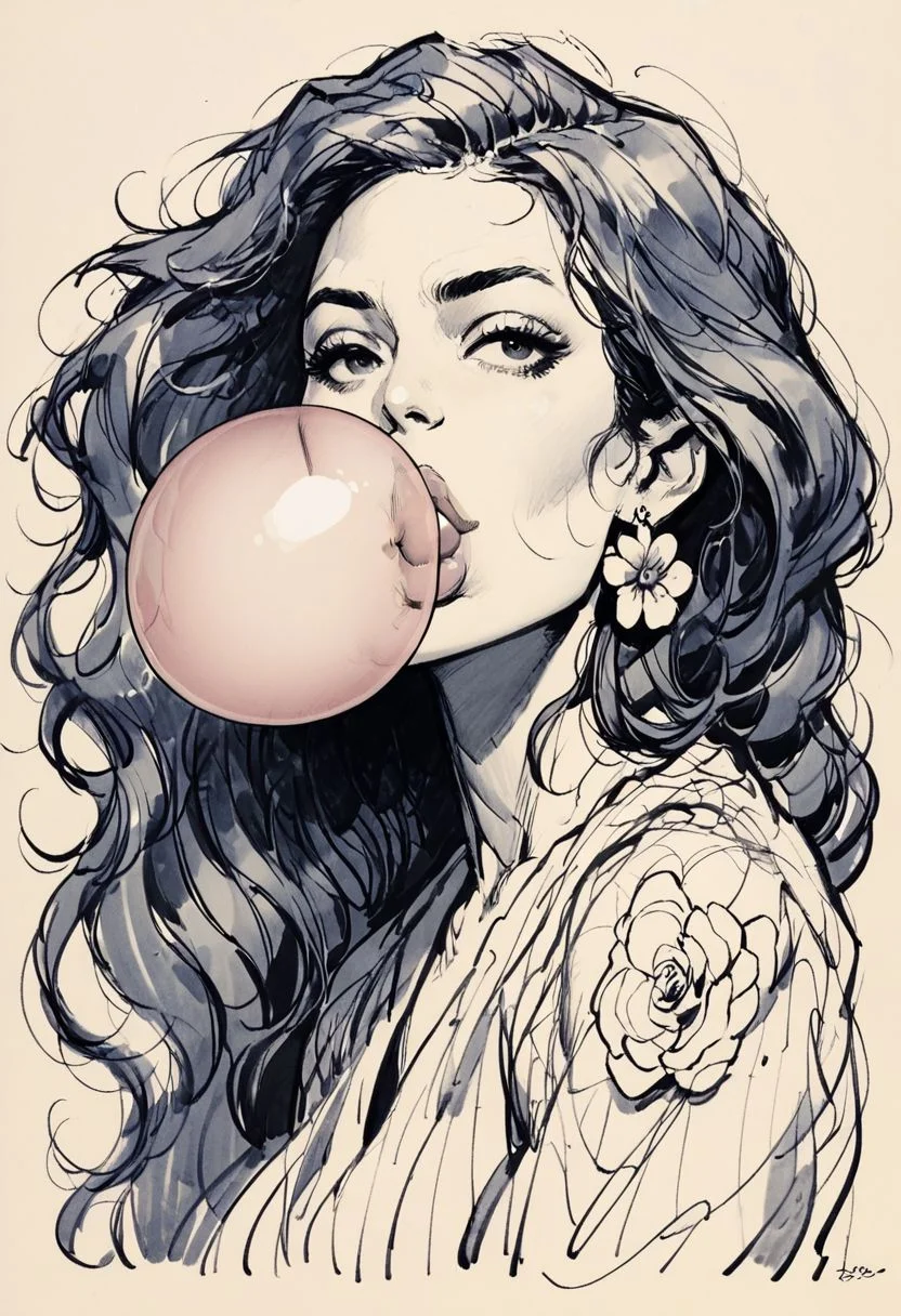 score_9, score_8_up, score_7_up, score_6_up, score_5_up, score_4_up, <lora:1nksk3tchXLP2:0.8> 1nksk3tch, 1girl, sketch, flowers, curvy, lips blowing enormous gigantic bubblegum, extra long hair, flower earrings