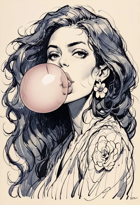 score_9, score_8_up, score_7_up, score_6_up, score_5_up, score_4_up, <lora:1nksk3tchXLP2:0.8> 1nksk3tch, 1girl, sketch, flowers, curvy, lips blowing enormous gigantic bubblegum, extra long hair, flower earrings