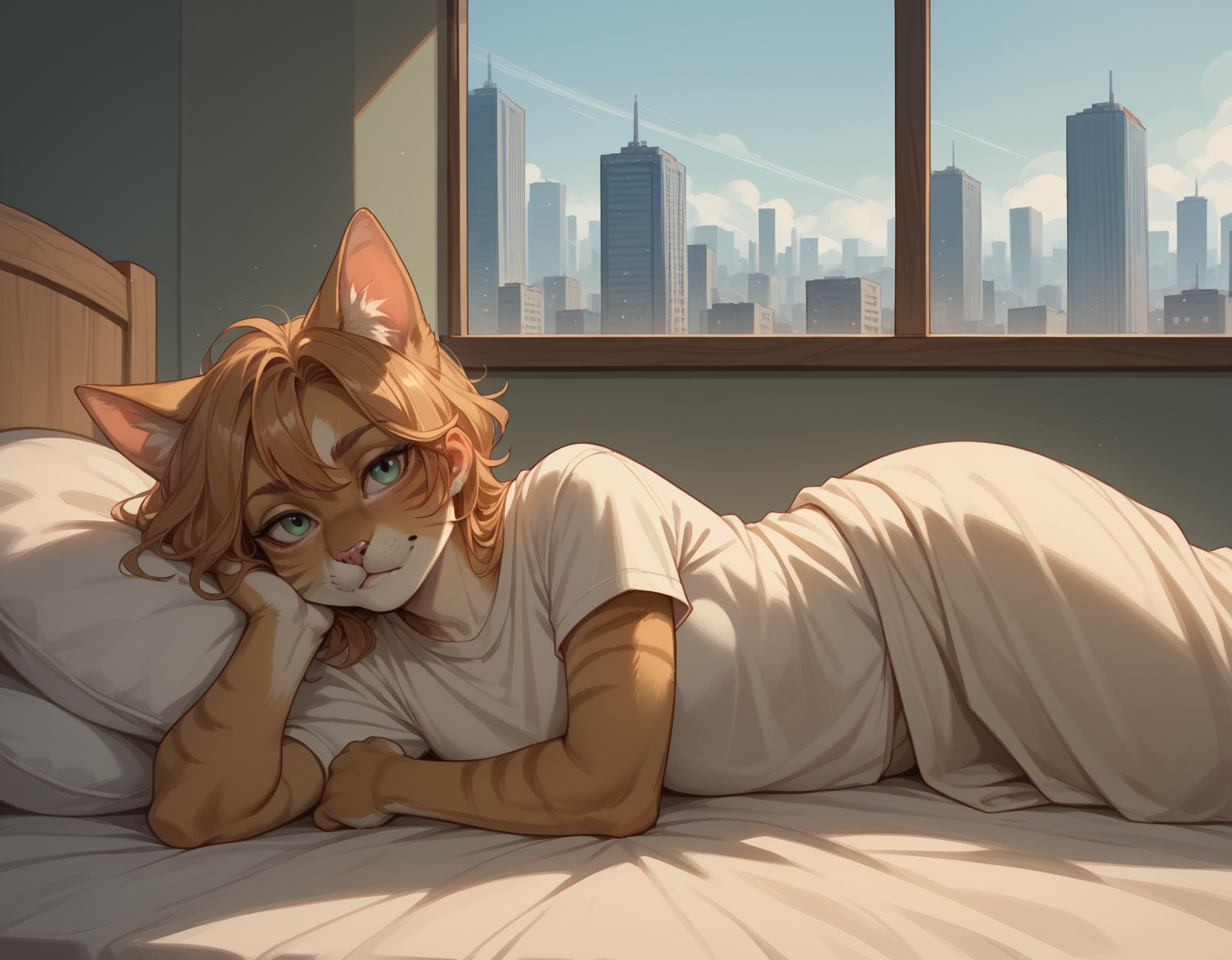 score_9, score_8_up, score_7_up, score_6_up, score_5_up, score_4_up, 1girl, furry, solo, cat, hud_pr0ppedup, on one elbow, upper body, lying, on side, <lora:hud_pr0ppedup_XLP:0.5>, bed, window, cityscape