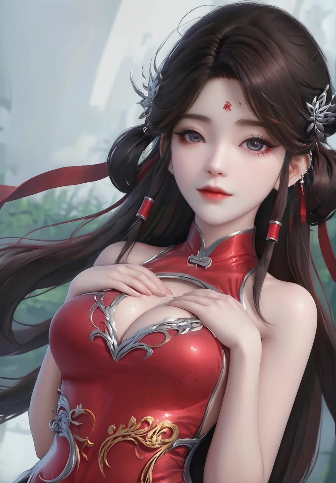 looking_at_viewer,cowboy_shot,(hands_on_own_chest:1.4),1girl,solo,dress,(face light:1.5),hair ornament,portiart,from front,masterpiece,(best quality),official art,extremely detailed cg 8k wallpaper,((crystalstexture skin)),(extremely delicate and beautiful),solo,photo_\(medium\),hiqcgbody,chinese background,(smile:0.4),forehead_mark,red cheongsam,eye-contact,jewelry,long hair,<lora:huolinger_V2-000008:1>,