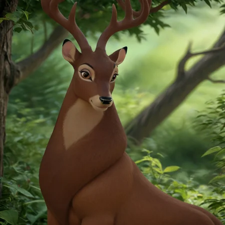 score_9, score_8_up, score_7_up, score_6_up, score_5_up, score_4_up, score_4, detailed face, detailed eyes, detailed fur, male, nature background, detailed background
BREAK
Great Prince of the Forest, GPotF, deer, buck, disney, antlers, brown fur, tan Markings, beige markings, brown eyes, brown eyelids, brown eyeshadow, eyeliner, black eyebrows, smiling, raised eyebrows
BREAK
Headshot
<lora:add-detail-xl:1.0>