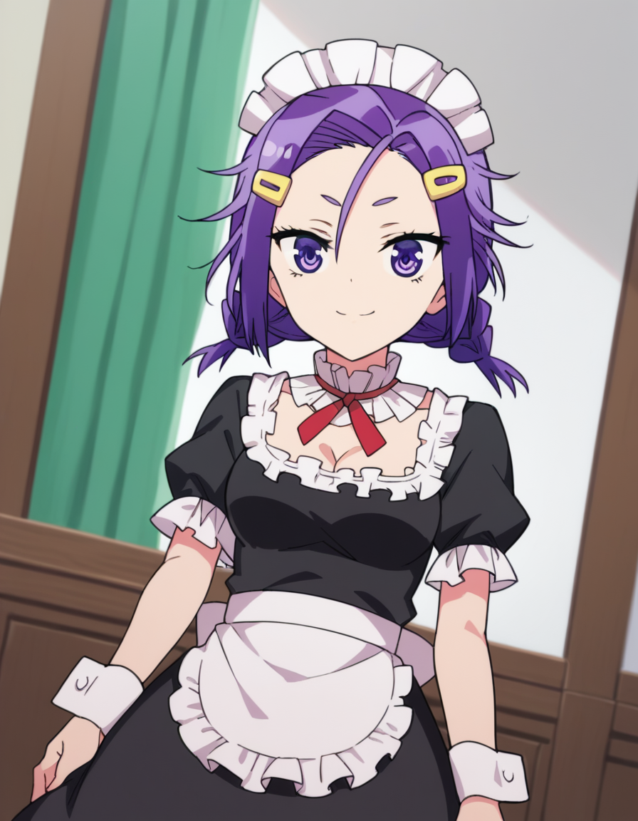 score_9, score_8_up, score_7_up, source_anime, <lora:asumi-kominami-s2-ponyxl-lora-nochekaiser:1>, asumi kominami, hair ornament, twintails, purple eyes, purple hair, hairclip, medium breasts,, cleavage, apron, wrist cuffs, maid, maid headdress, enmaided,, indoors, smile, looking at viewer, solo,, cowboy shot, dutch angle